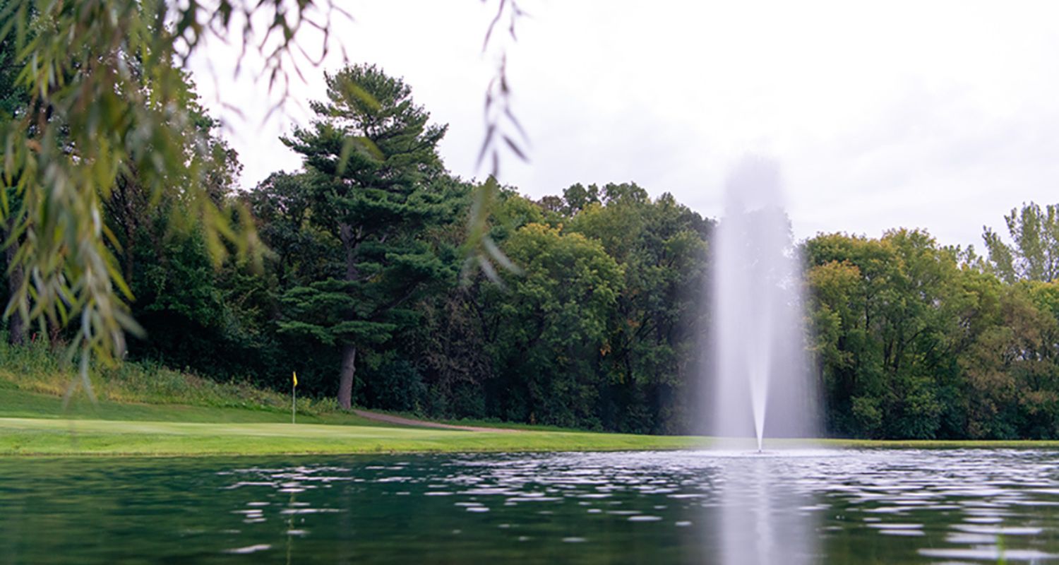 Fountain in pond with high spray and next to a golf course with trees in the background - Are Fountains Good for Ponds?
