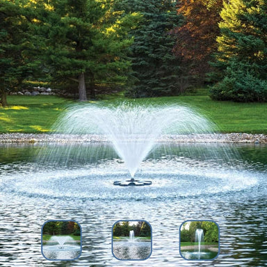 Airmax EcoSeries 1/2 HP Floating Fountain - Showing Three Spray Pattern Nozzles Included Classic, Crown & Trumpet, and Trumpet