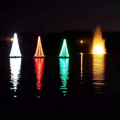 Floating Christmas Tree White, Red, and Green LED trees with fountain next to them