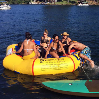 Island Hopper 10' Bounce and Splash Water Bouncer - Showing a group of friends catching up on the water bouncer