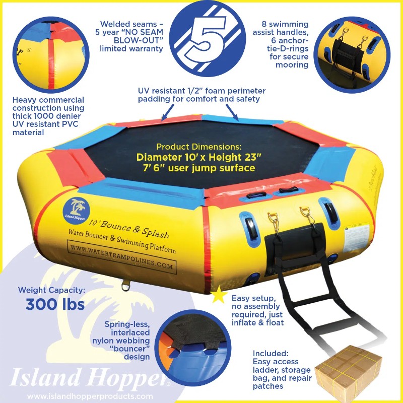 Island Hopper 10' Bounce and Splash Water Park w/ Slide - Showing the features of the water bouncer