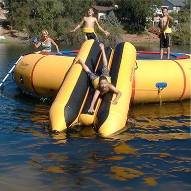 Island Hopper Bounce and Slide Attachment - Yellow Color - Family enjoying the trampoline and slide attachment