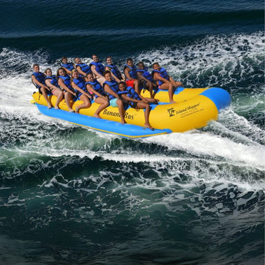 Island Hopper Elite Class 14 Person Banana Boat Bus - Showing the teenagers having fun riding the bus banana boat