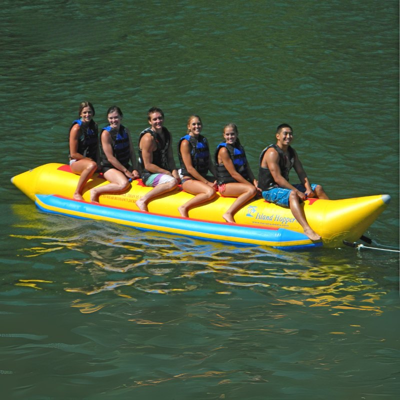 Island Hopper Elite Class 6 Person Banana Boat Tube - Group of friends are enjoying the ride on the banana boat