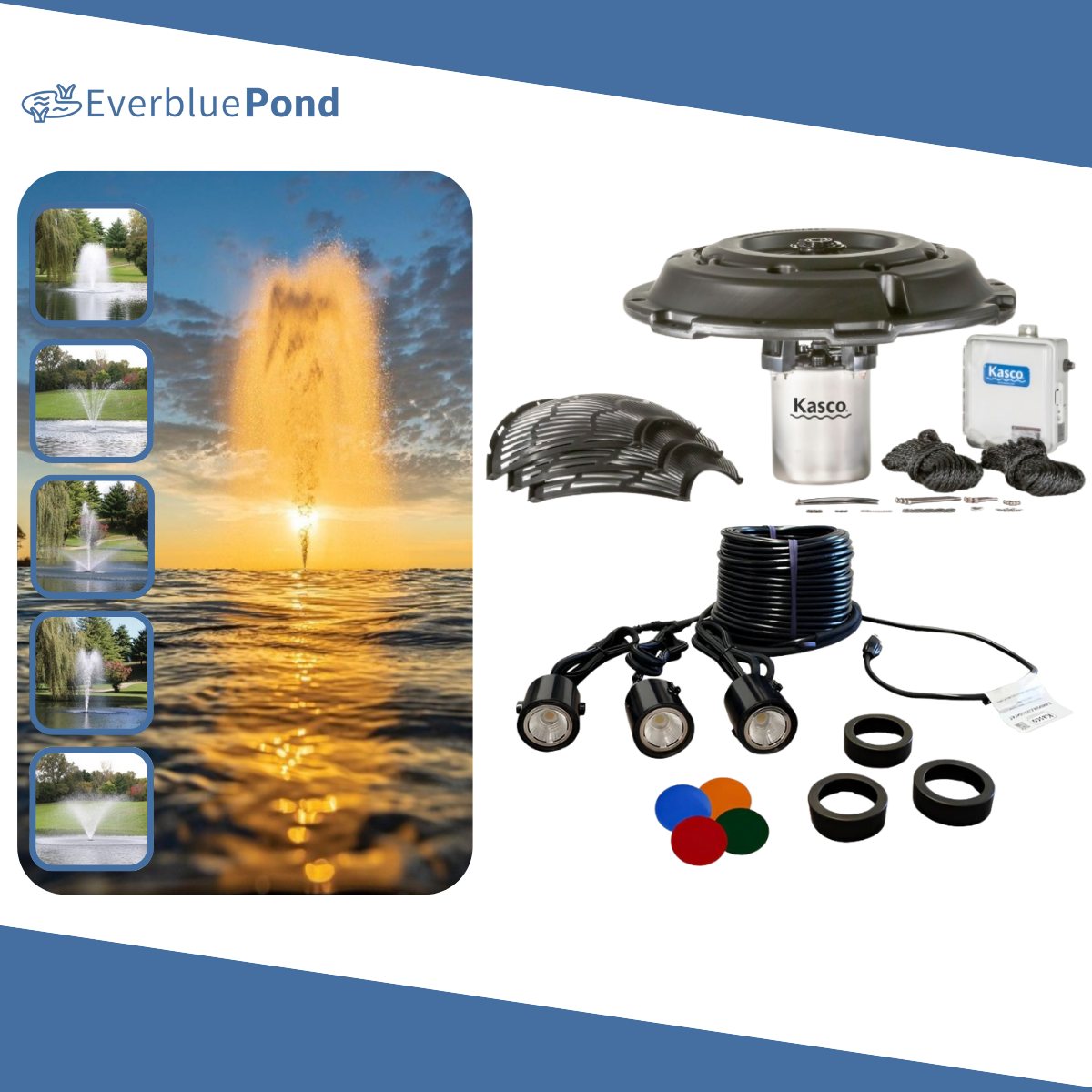 Kasco J Series Fountain Masterpiece Bundle - Up to 13ft - 3 LED Composite Light Sets - Including Motor, Float, Control Panel, Bottom Screen, Mooring Ropes and Steel Hardware