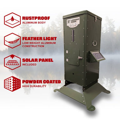 Outdoor Water Solutions H125 Fish Feeder - Showing the unit with its features, rustproof, feather light, solar panel, power coated