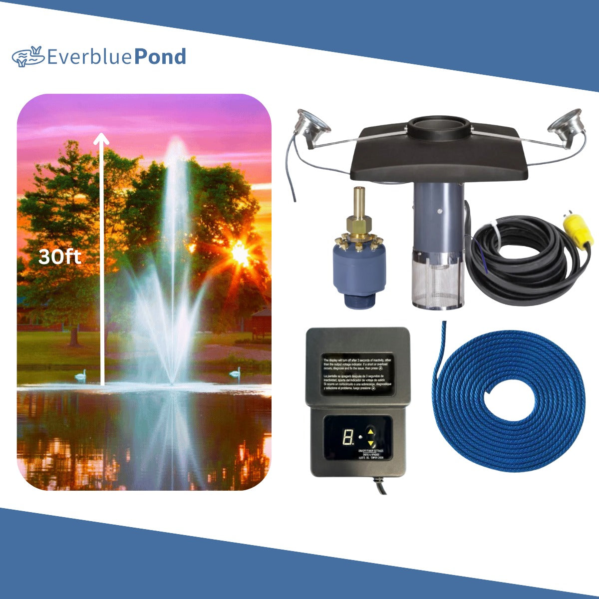 Scott Aerator Atriarch Fountain Masterpiece Bundle - 30ft White Lights 2 Light Sets - Including Float, Light Timer, Cords, Nozzle, and Mooring Line