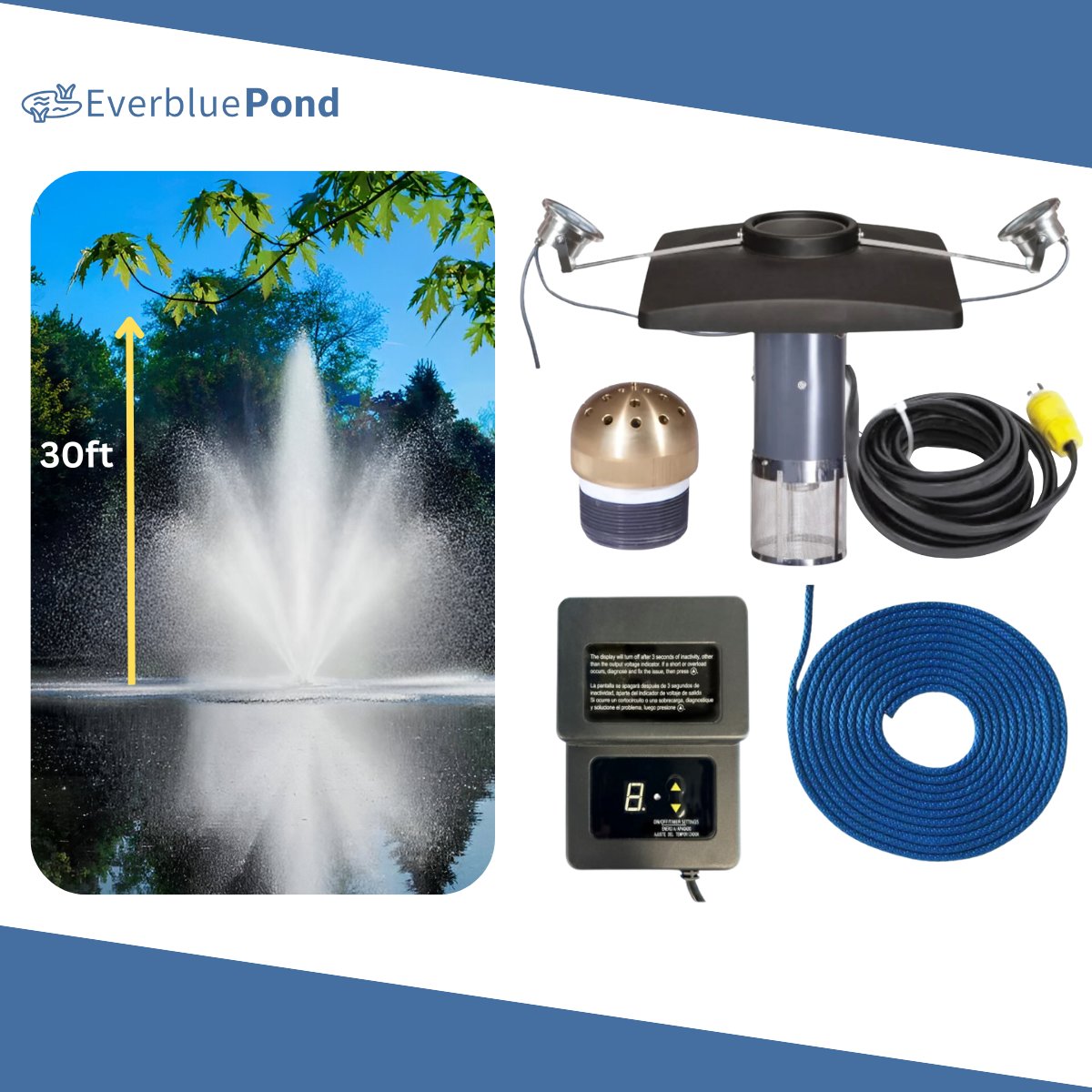Scott Aerator Cambridge Fountain Masterpiece Bundle - 30ft White Lights 2 Light Sets - Including Float, Light Timer, Cord, Nozzle, and Mooring Line