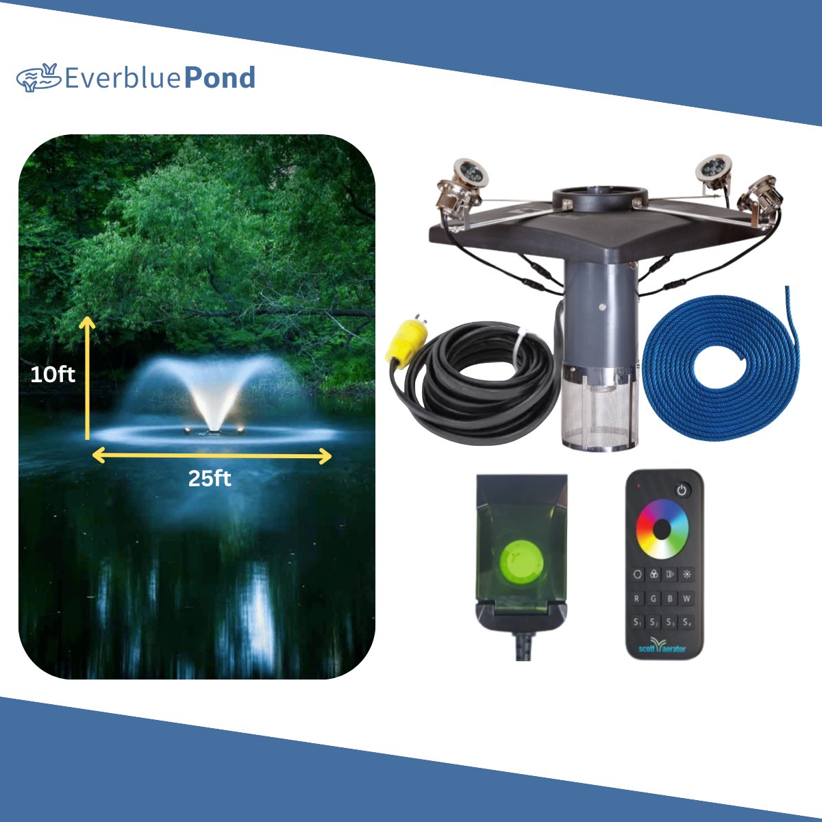 Scott Aerator DA-20 Aerating Fountain Masterpiece Bundle - 10ft Color Changing Lights 4 Light Sets - Including Float, Lights Timer, Cord, Remote and Mooring Line