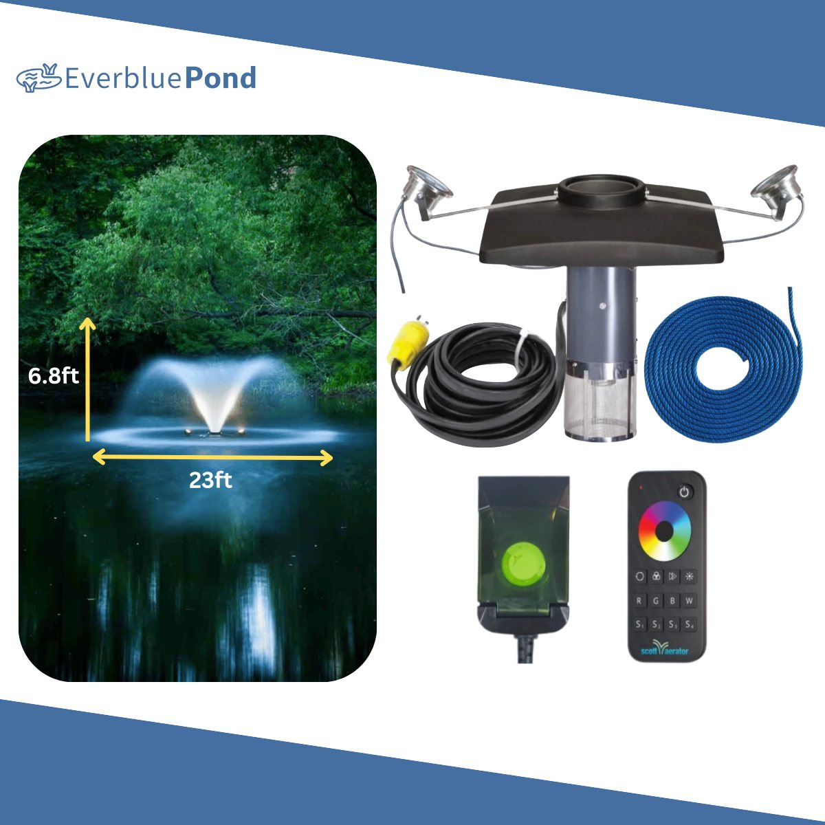 Scott Aerator DA-20 Aerating Fountain Masterpiece Bundle - 6.8ft Color Changing Lights 2 Light Sets - Including Float, Lights Timer, Cord, Remote and Mooring Line