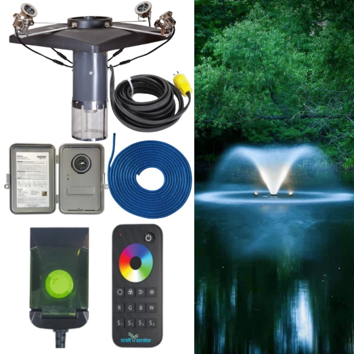 Scott Aerator DA-20 Aerating Fountain Masterpiece Bundle - DA-20 Aerating Pond Fountain Color Changing Complete Set