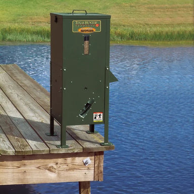 Texas Hunter Fish Feeder - 70 lbs unit with straight legs side view