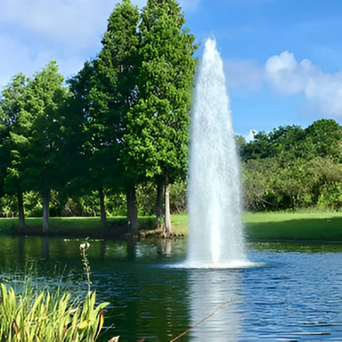 Vertex GeyserJet Floating Fountain Series On Water with Beautiful Trees at the Background