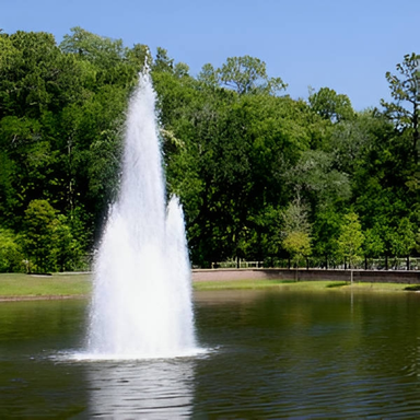 Vertex MultiGeyser Floating Fountain Series on Water With Trees at the Background