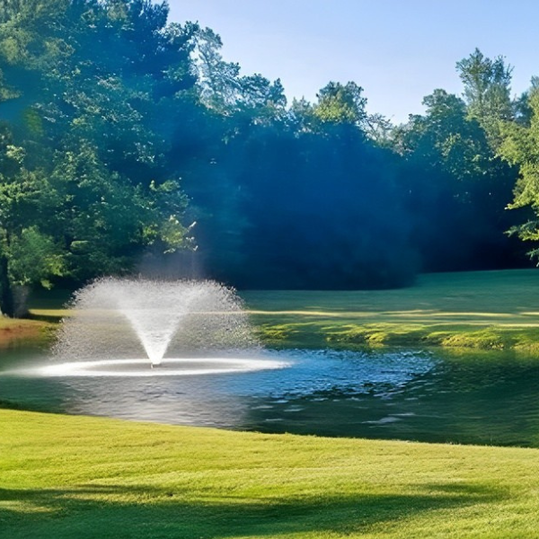 Golf course with a pond and fountain, surrounded by trees on a sunny day - Pond Aerator vs Fountain