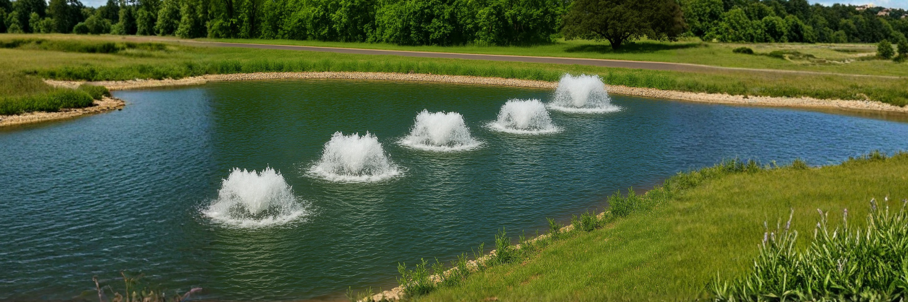 Surface aerators in a pond with grassy area and trees in the background - How to Choose the Right Aerator for Your Pond