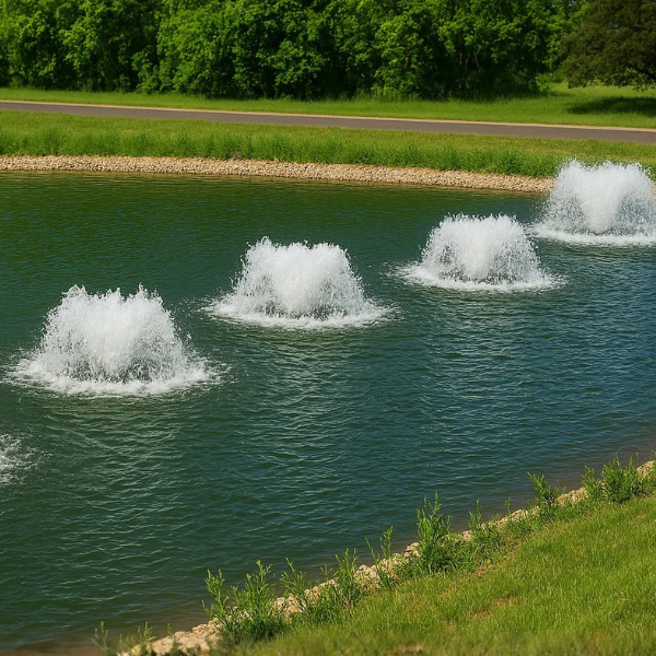 Surface aerators in a pond with grassy area and trees in the background - How to Choose the Right Aerator for Your Pond