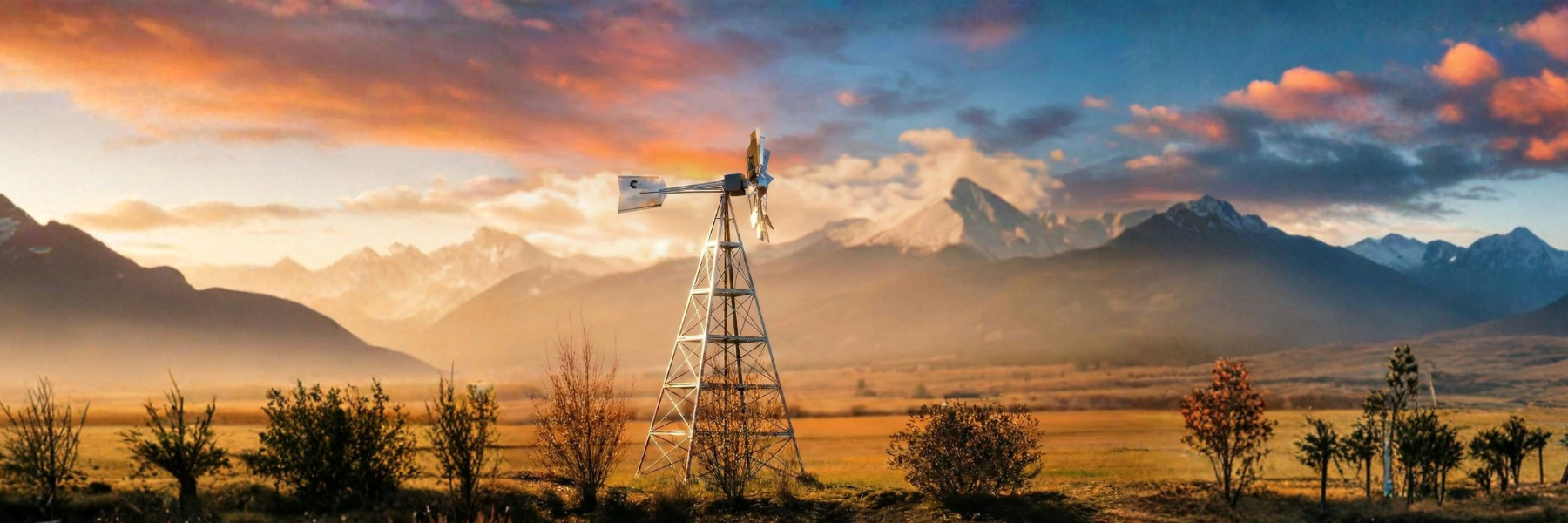 Windmill pond aerator in a field with mountains and a colorful sky - How to Aerate a Pond Without Electricity