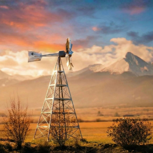 Windmill pond aerator in a field with mountains and a colorful sky - How to Aerate a Pond Without Electricity