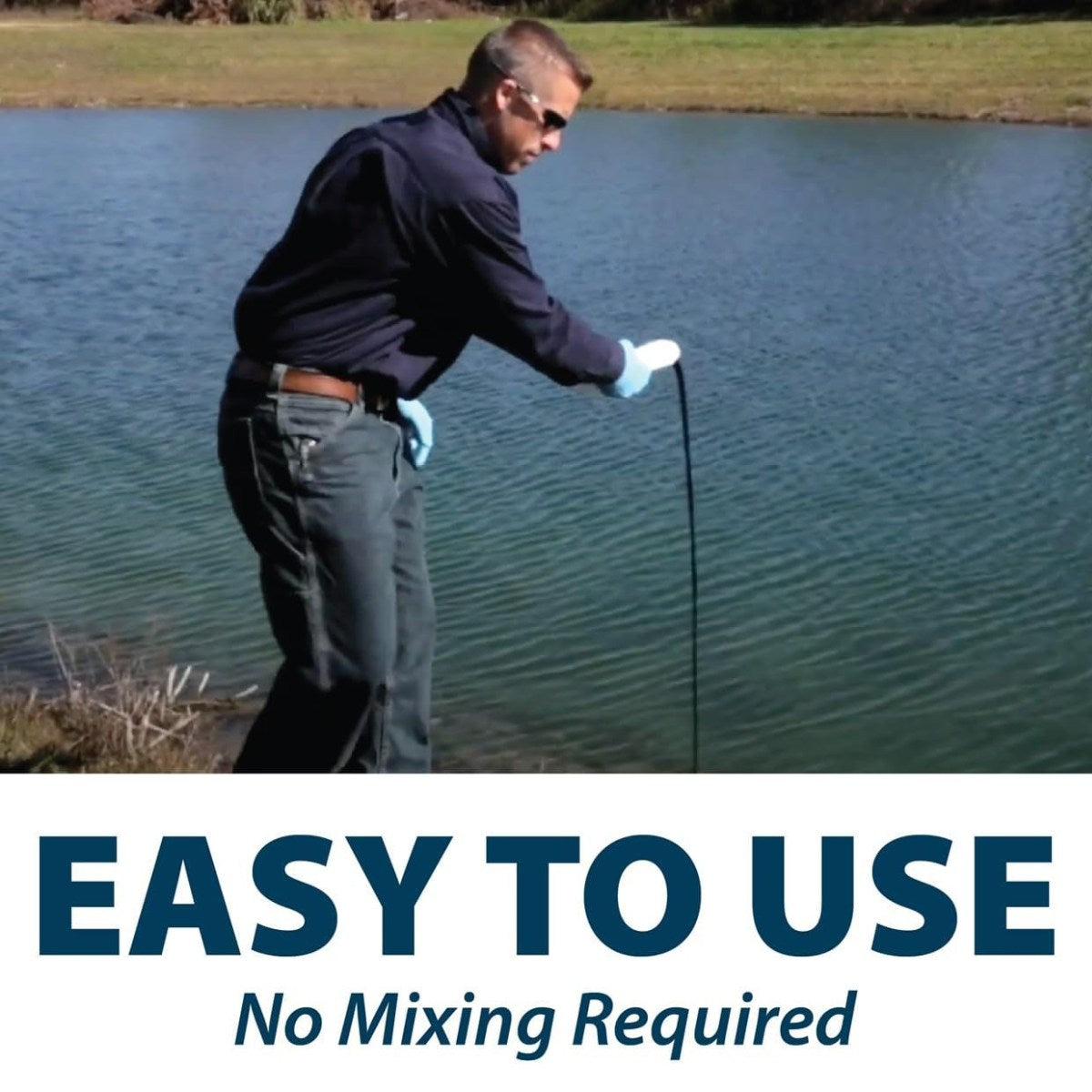 Airmax Blue Pond Dye for Ponds & Lakes - Easy to use no mixing required demonstrated by a person