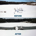 Airmax Ice Eater De-Icer before and after comparison showing an ice-covered dock area opened around the dock