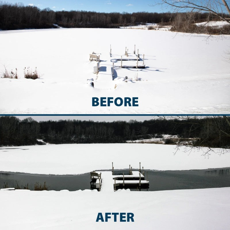 Airmax Ice Eater De-Icer before and after comparison showing an ice-covered dock area opened around the dock