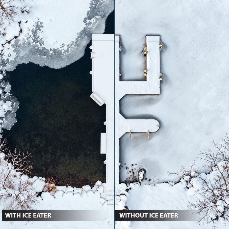 Airmax Ice Eater De-Icer comparison showing open water beside a dock with the unit and frozen conditions without it