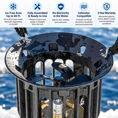 Airmax Ice Eater De-Icer features including up to 80 ft ice-free area, fully assembled design, saltwater compatibility and 3-year warranty