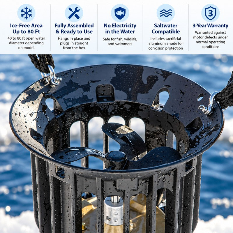 Airmax Ice Eater De-Icer features including up to 80 ft ice-free area, fully assembled design, saltwater compatibility and 3-year warranty