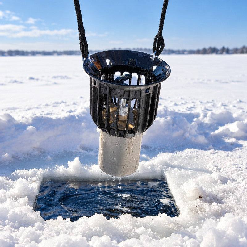 Airmax Ice Eater De-Icer suspended by ropes above an open water hole in a frozen lake