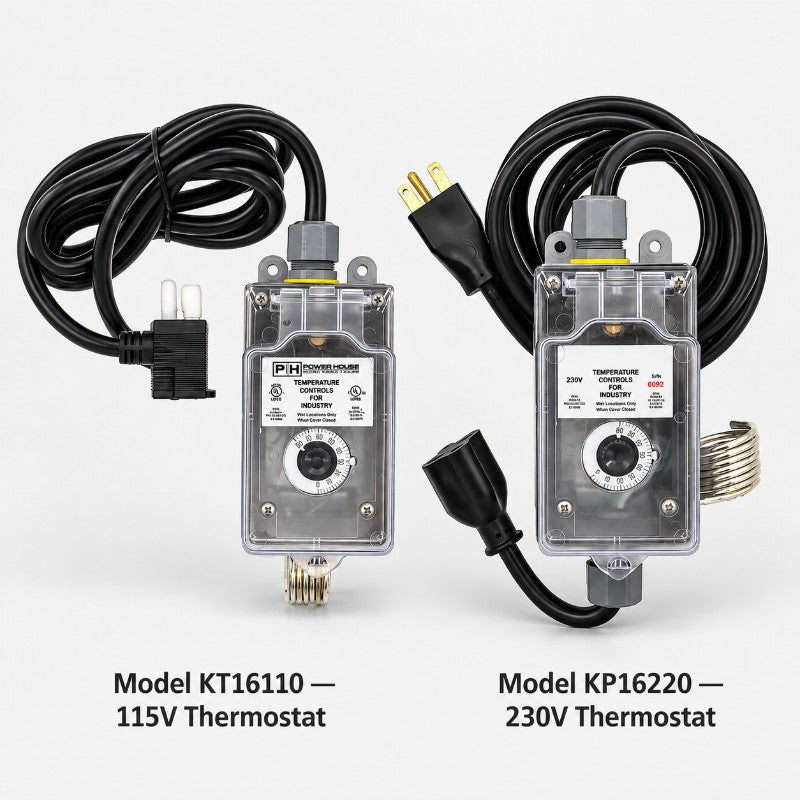 Airmax Ice Eater De-Icer thermostat options showing model KT16110 115V and model KP16220 230V controls