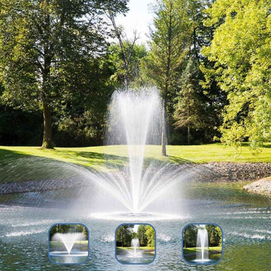 Airmax PondSeries Fountain - Showing Three Spray Pattern Nozzles Included Crown & Trumpet, Classic, and Trumpet