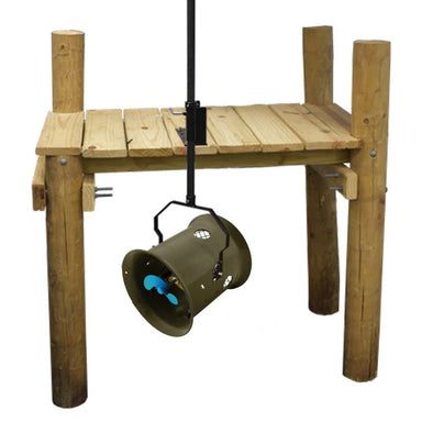 Airmax Weeds Away Circulator installed with a dock mount beneath a wooden dock