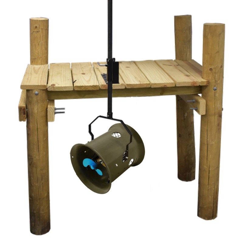 Airmax Weeds Away Circulator installed with a dock mount beneath a wooden dock