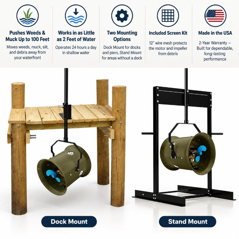 Airmax Weeds Away showing dock mount and stand mount options with key product features