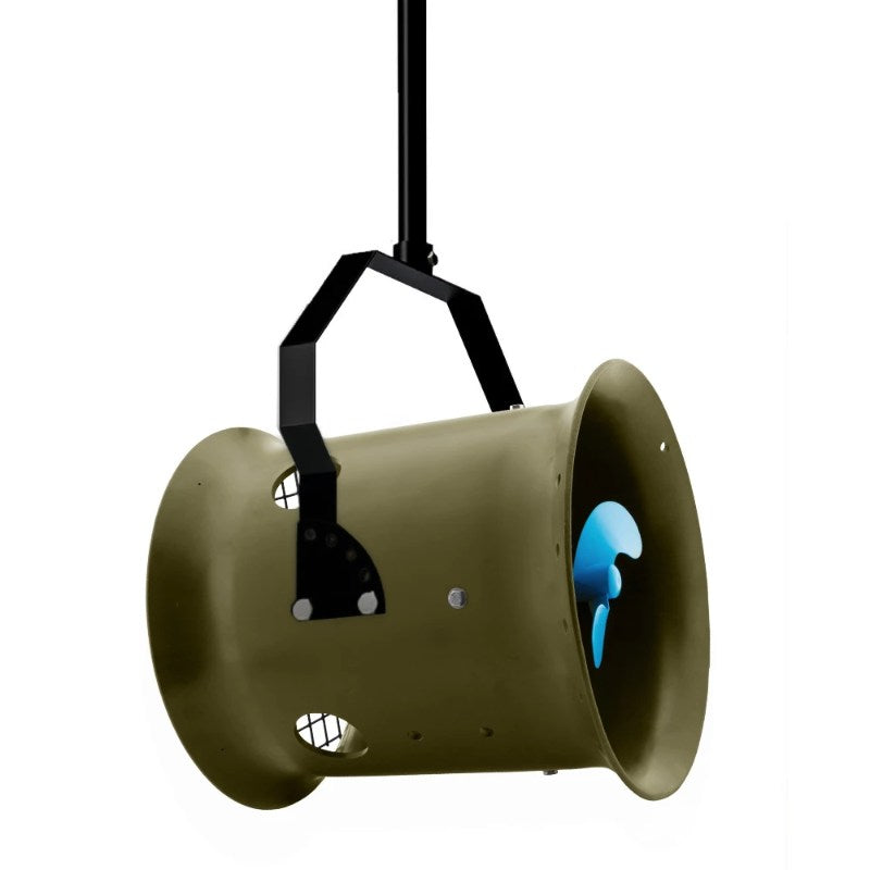 Airmax Weeds Away shown from the side with hanging mounting bracket and propeller assembly