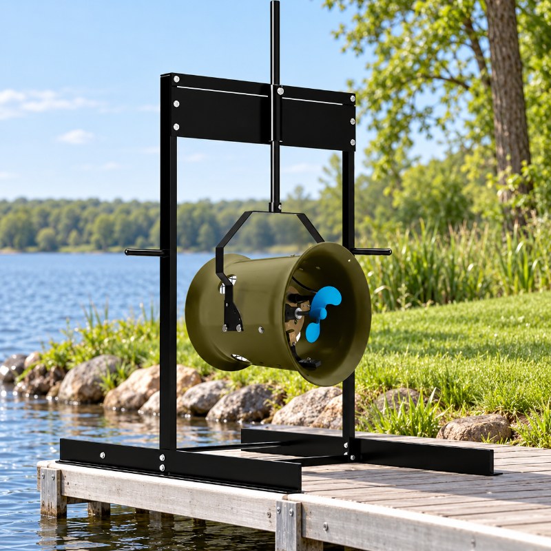 Airmax Weeds Away with stand mount positioned on a lakeside dock