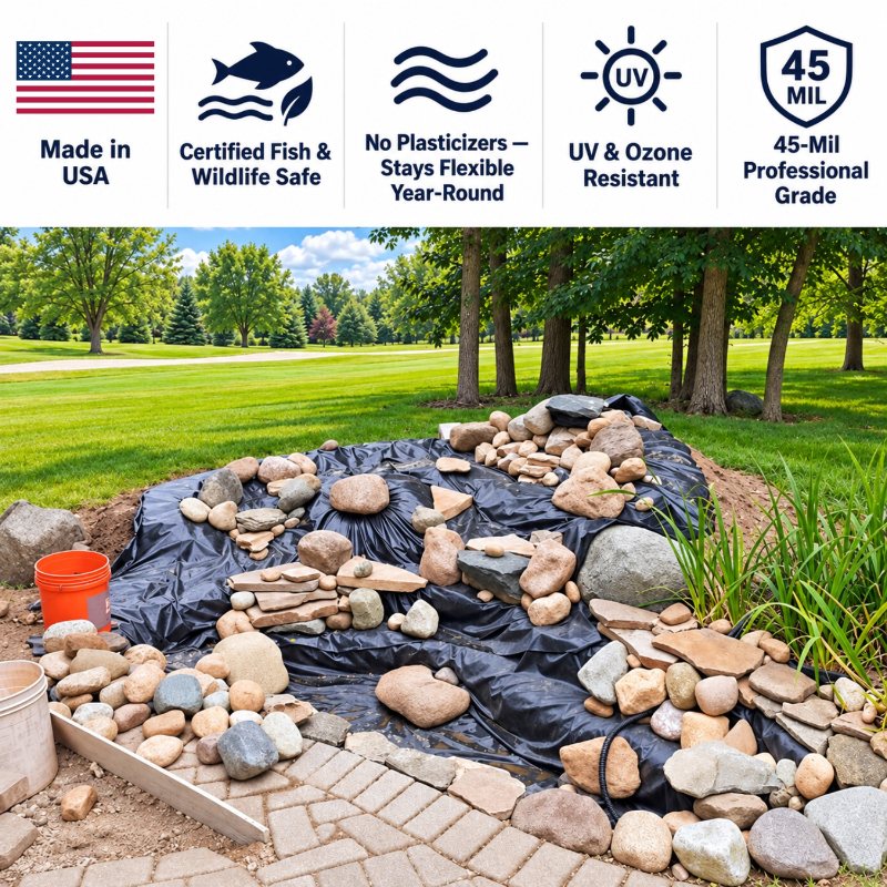 Anjon Lifeguard 45 Mil EPDM Pond Liner installation showing 45 mil professional-grade material with fish-safe, UV-resistant and flexible features