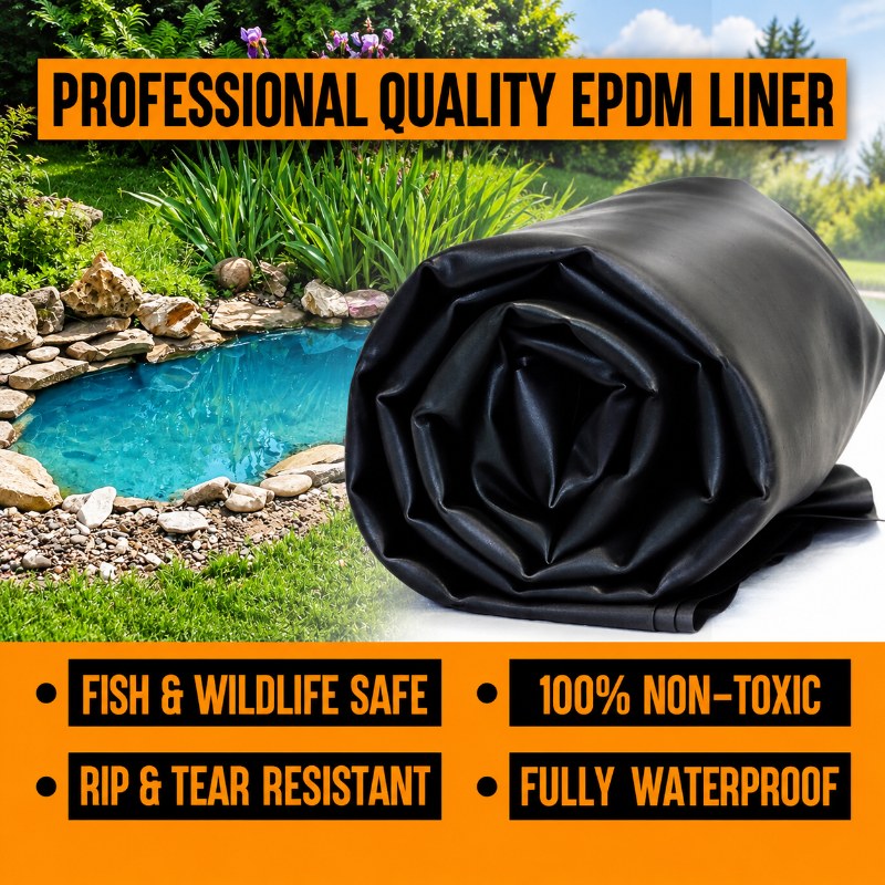 Anjon Lifeguard 45 Mil EPDM Pond Liner shown rolled beside a decorative pond with fish and wildlife-safe, non-toxic and waterproof features