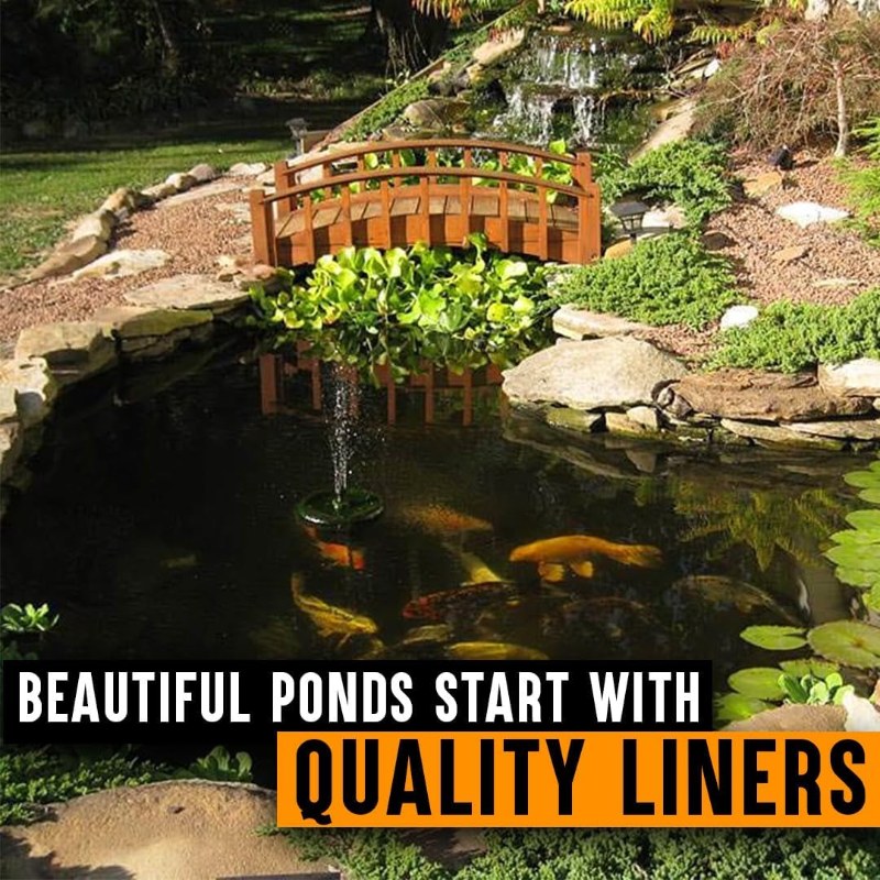 Anjon Lifeguard 45 Mil EPDM Pond Liner used beneath a landscaped koi pond with rocks, plants and a wooden bridge