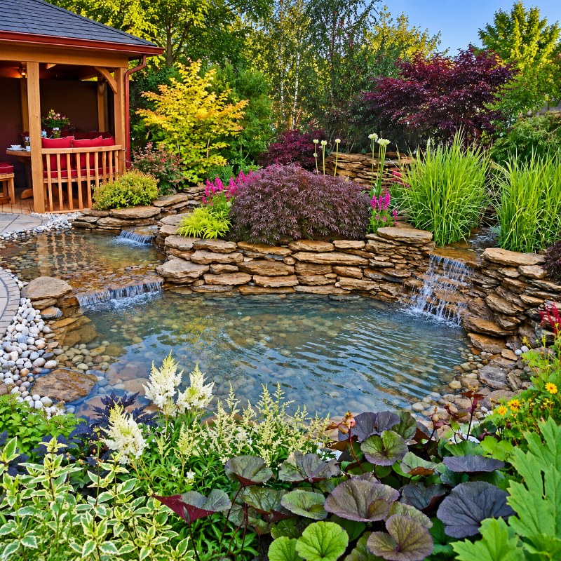 Anjon Lifeguard 45 Mil EPDM Pond Liner used in a landscaped garden pond with stone waterfalls and surrounding plants