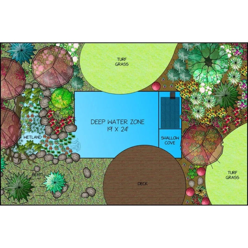 Aquascape Recreational Pond Kit 19 x 24 landscape design featuring wetland filtration and deck layout
