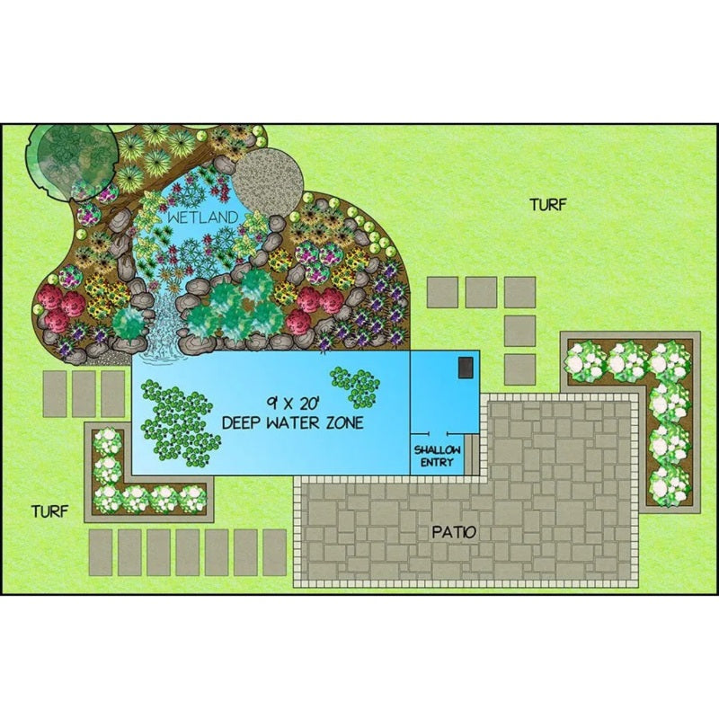 Aquascape Recreational Pond Kit 9 x 20 landscape design with wetland filtration and patio layout