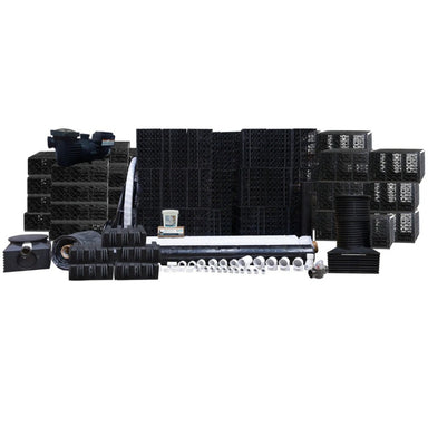 EasyPro 10' x 20' x 6' Recreational Swim Pond Kit components layout showing filtration modules, pump, plumbing, and PRO-Blox wetland system