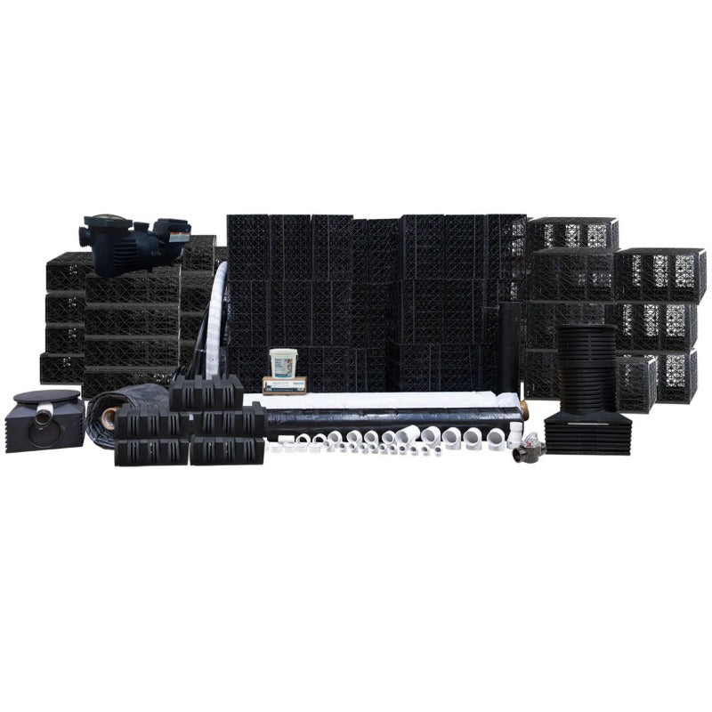 EasyPro 10' x 20' x 6' Recreational Swim Pond Kit components layout showing filtration modules, pump, plumbing, and PRO-Blox wetland system