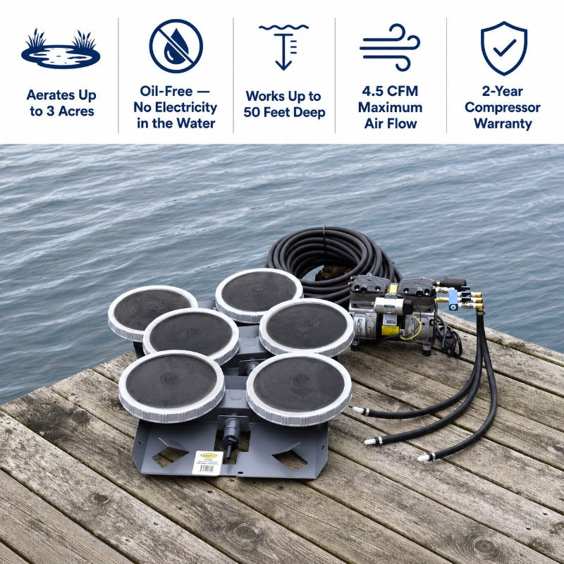 EasyPro 1/2 HP Rocking Piston Aeration System PA66 with 3-acre pond aeration features