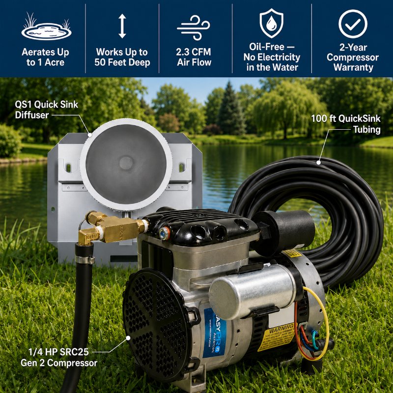 EasyPro 1/4 HP Rocking Piston Aeration System PA34 features and included components
