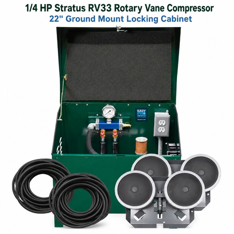EasyPro 1/4 HP Rotary Vane Aeration System PA50 with 22-inch ground mount locking cabinet, diffusers, and tubing