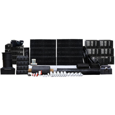 EasyPro 20' x 22' x 6' Recreational Swim Pond Kit components layout showing filtration modules, pump, plumbing, and PRO-Blox wetland system