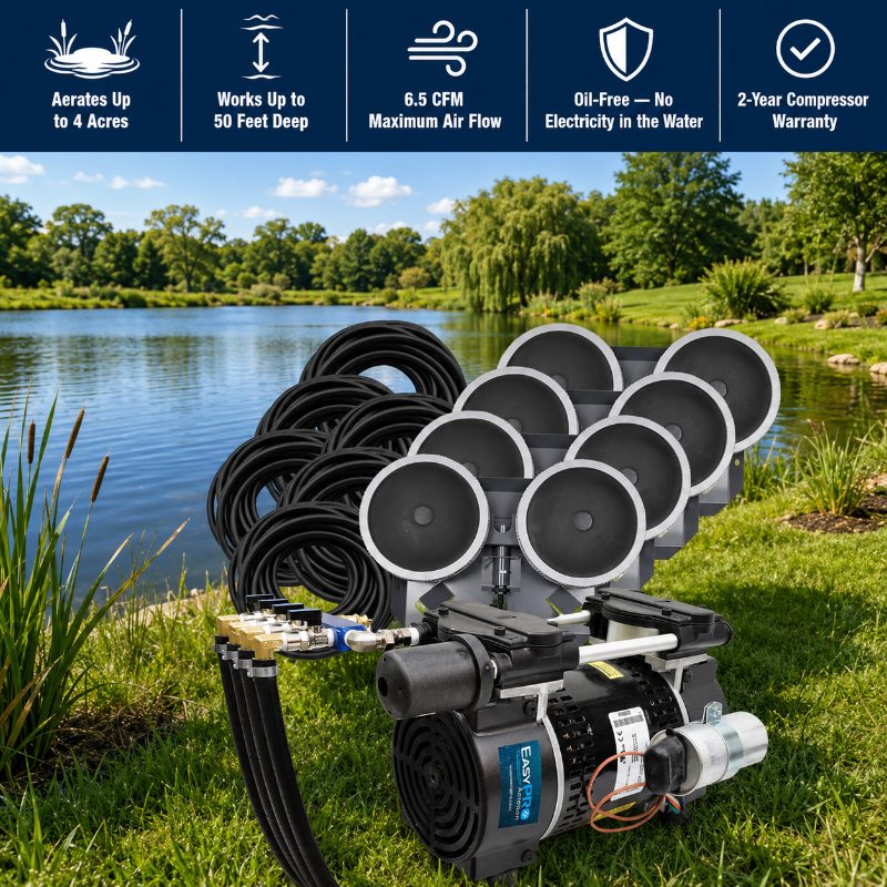 EasyPro 3/4 HP Rocking Piston Aeration System PA86 pond aerator with tubing and diffusers by a pond